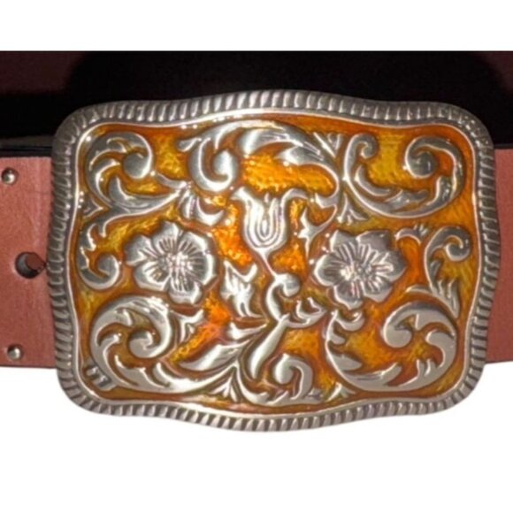 Womens Belt Brown Top-Grain Leather Embroidered Amber Floral Enamel Buckle Boho - Picture 3 of 8